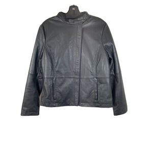 J.McLaughlin Black Buttery Leather Jacket Zip Pockets Snap Neck & Cuffs